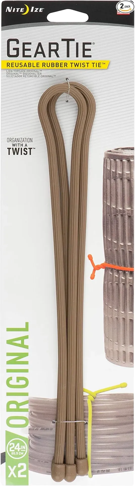 Gear Tie Reusable Rubber Twist Tie 24 in. - 2 Pack (Coyote)
